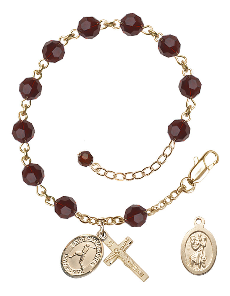 Saint Christopher Baseball Rosary Bracelet - 14K Gold Filled - January - Garnet