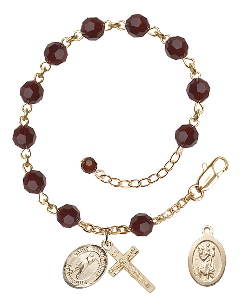 Saint Christopher Golf Rosary Bracelet - 14K Gold Filled - January - Garnet