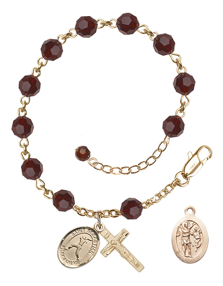 Saint Sebastian Softball Rosary Bracelet - 14K Gold Filled - January - Garnet