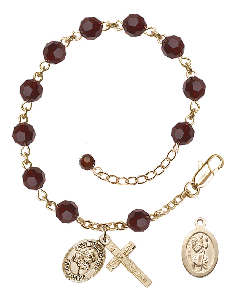 Saint Christopher Motorcycle Rosary Bracelet - 14K Gold - January - Garnet