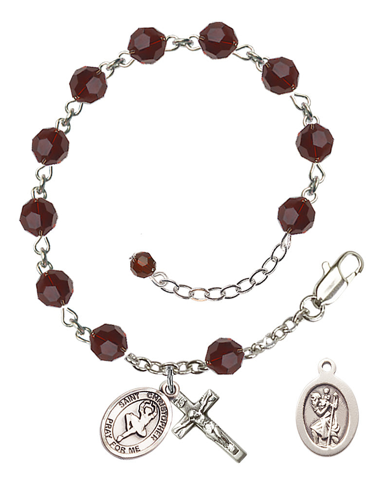 Saint Christopher Dance Rosary Bracelet - Sterling Silver - January - Garnet