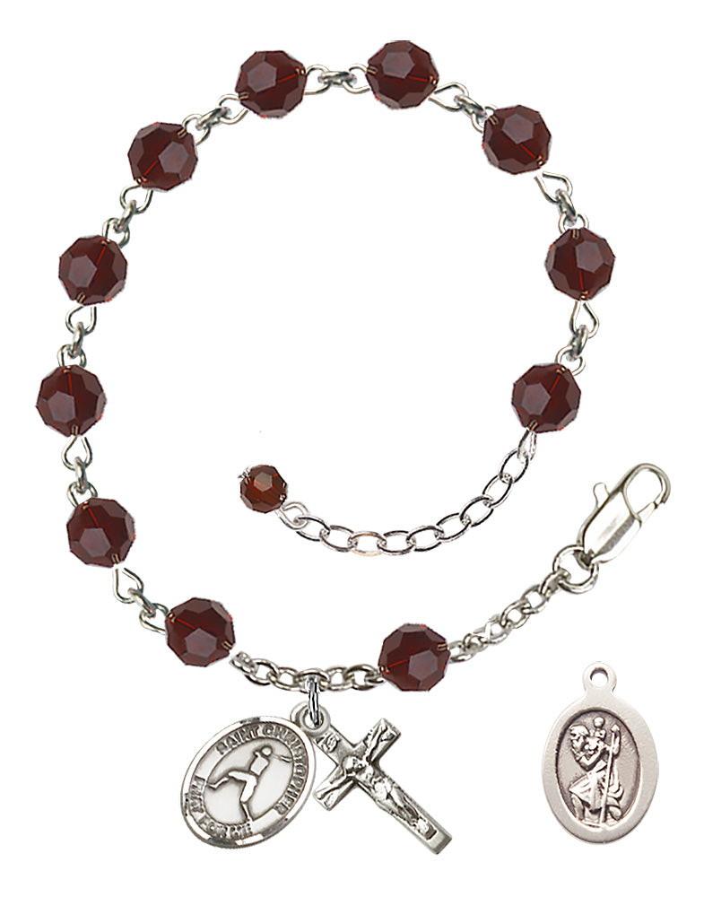 Saint Christopher Baseball Rosary Bracelet - Sterling Silver - January - Garnet