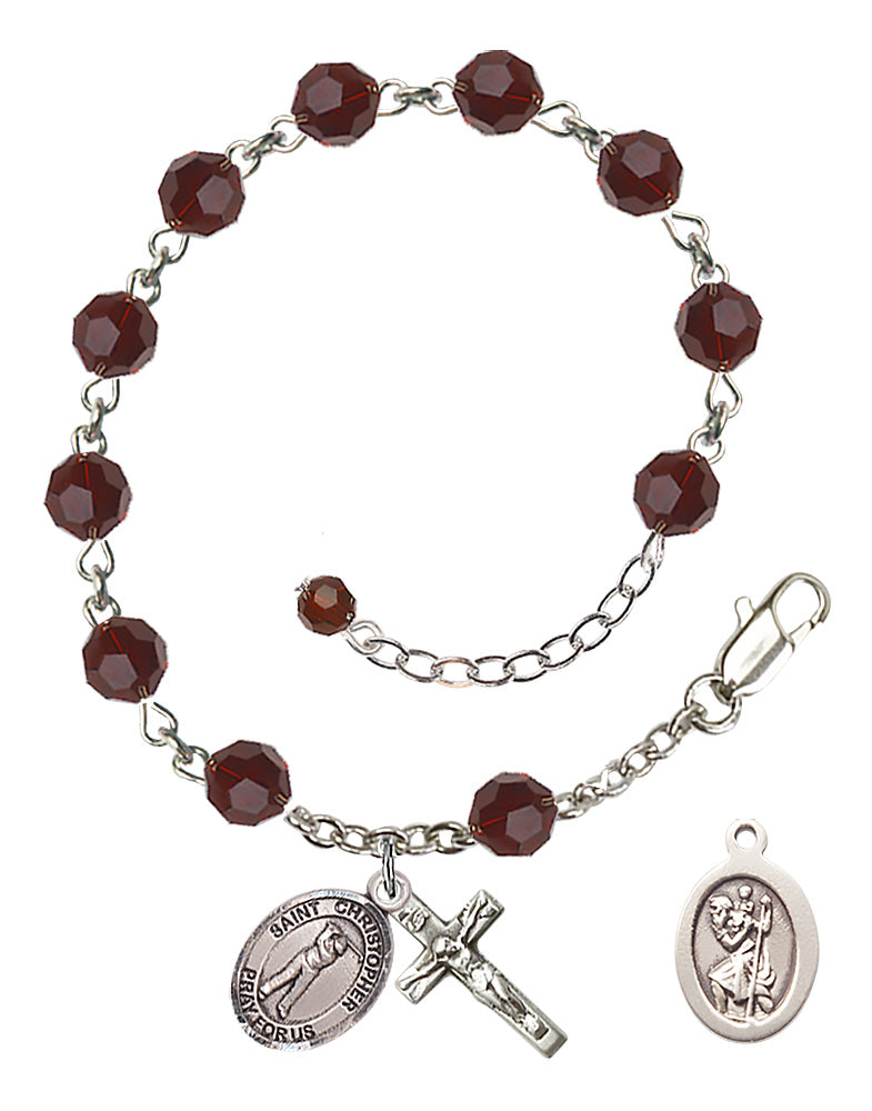 Saint Christopher Golf Rosary Bracelet - Sterling Silver - January - Garnet