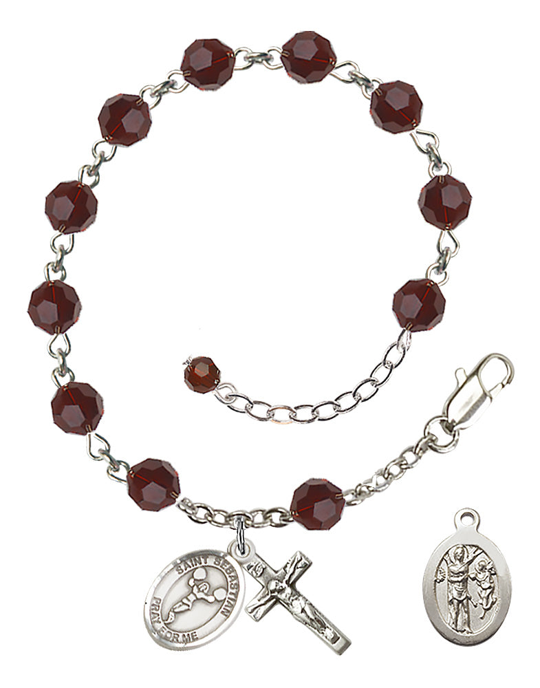 Saint Sebastian Cheerleading Rosary Bracelet - Sterling Silver - January - Garnet