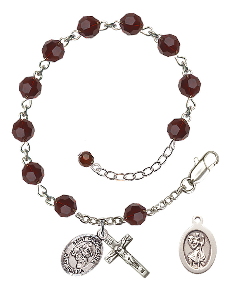 Saint Christopher Motorcycle Rosary Bracelet - Sterling Silver - January - Garnet