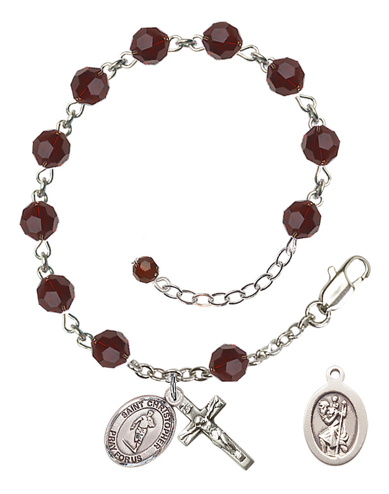 Saint Christopher Rugby Rosary Bracelet - Sterling Silver - January - Garnet