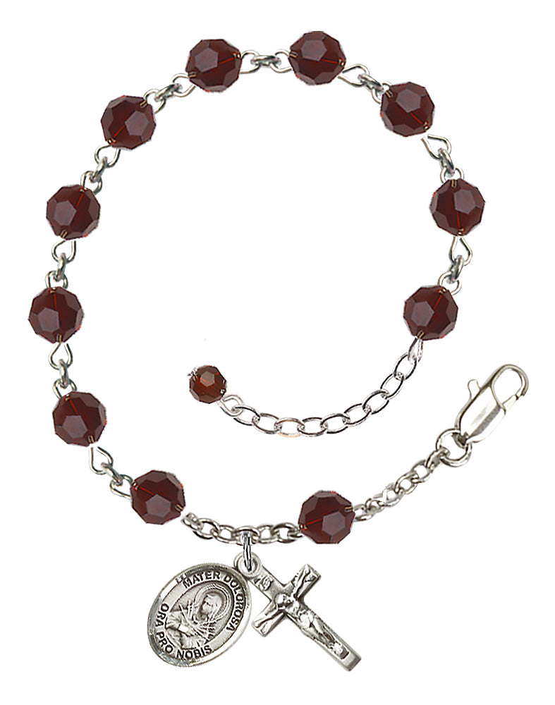 Mater Dolorosa Rosary Bracelet - Sterling Silver - January - Garnet
