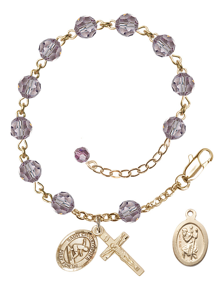 Saint Christopher Surfing Rosary Bracelet - 14K Gold - June - Light Amethyst