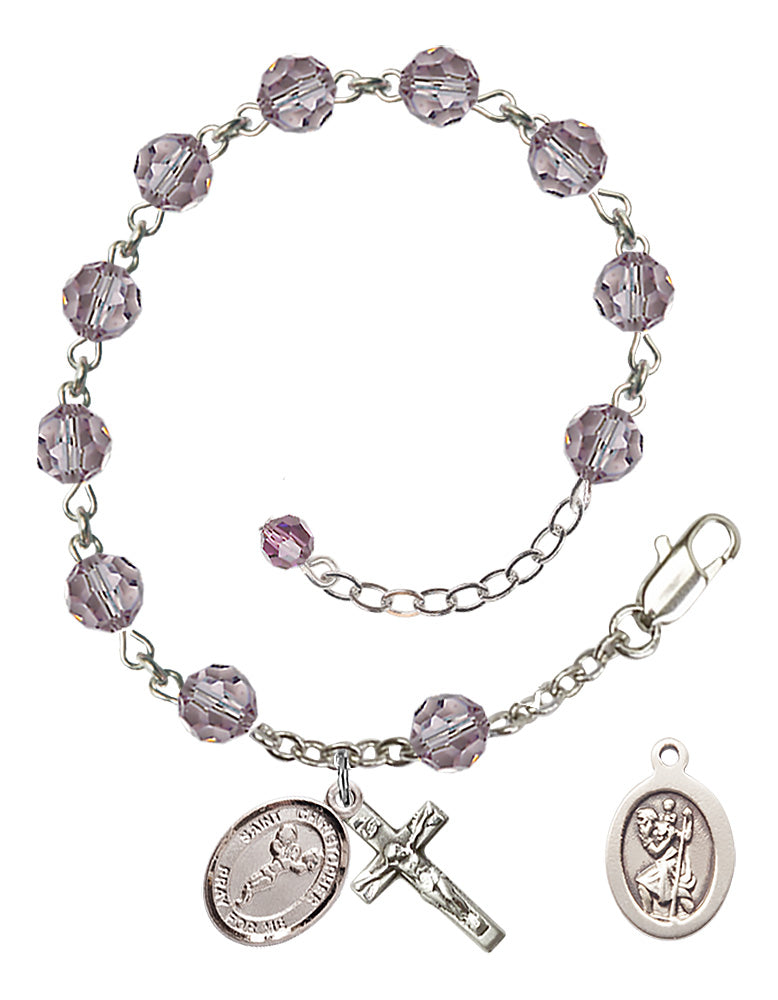 Saint Christopher Cheerleading Rosary Bracelet - Sterling Silver - June - Light Amethyst