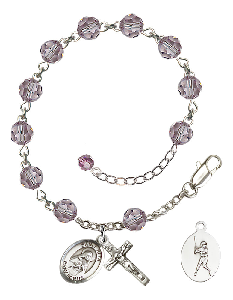 Saint Rita Baseball Rosary Bracelet - Sterling Silver - June - Light Amethyst