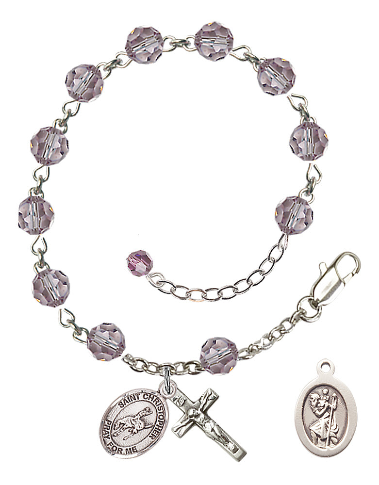 Saint Christopher Rodeo Rosary Bracelet - Sterling Silver - June - Light Amethyst