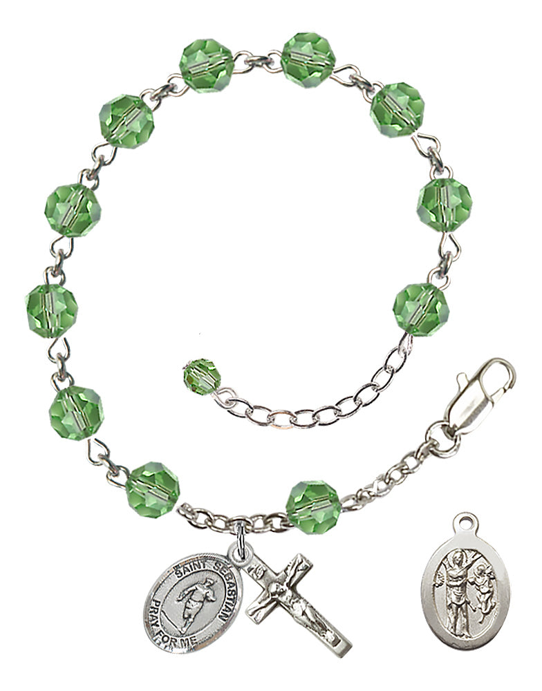 Saint Sebastian Rugby Rosary Bracelet - Sterling Silver - August - Peridot