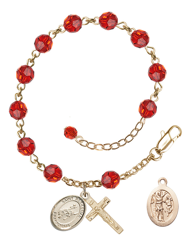Saint Sebastian Rodeo Rosary Bracelet - 14K Gold Filled - July - Ruby