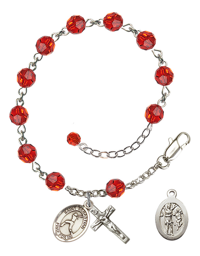 Saint Sebastian Softball Rosary Bracelet - Sterling Silver - July - Ruby