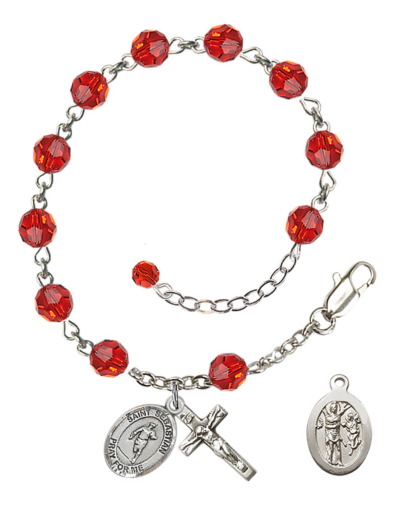 Saint Sebastian Rugby Rosary Bracelet - Sterling Silver - July - Ruby