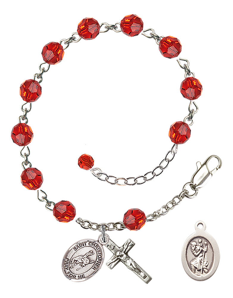 Saint Christopher Rodeo Rosary Bracelet - Sterling Silver - July - Ruby