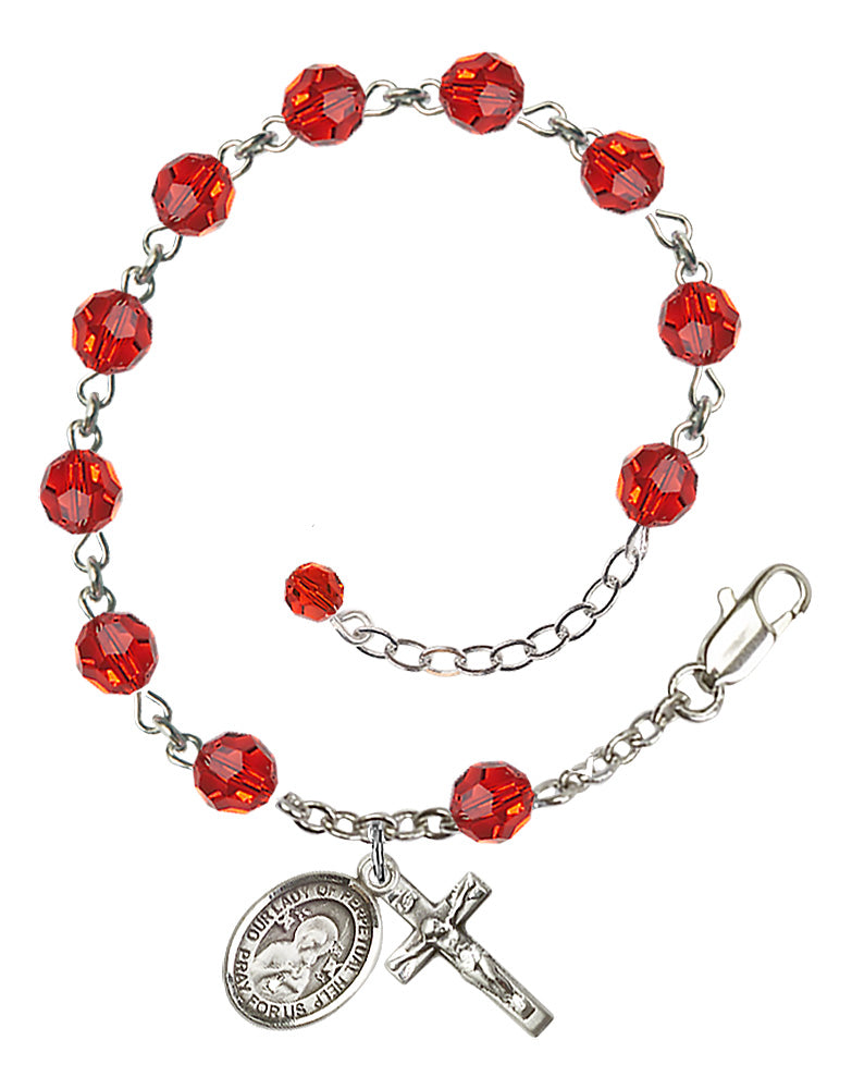 Our Lady of Perpetual Help Rosary Bracelet - Sterling Silver - July - Ruby
