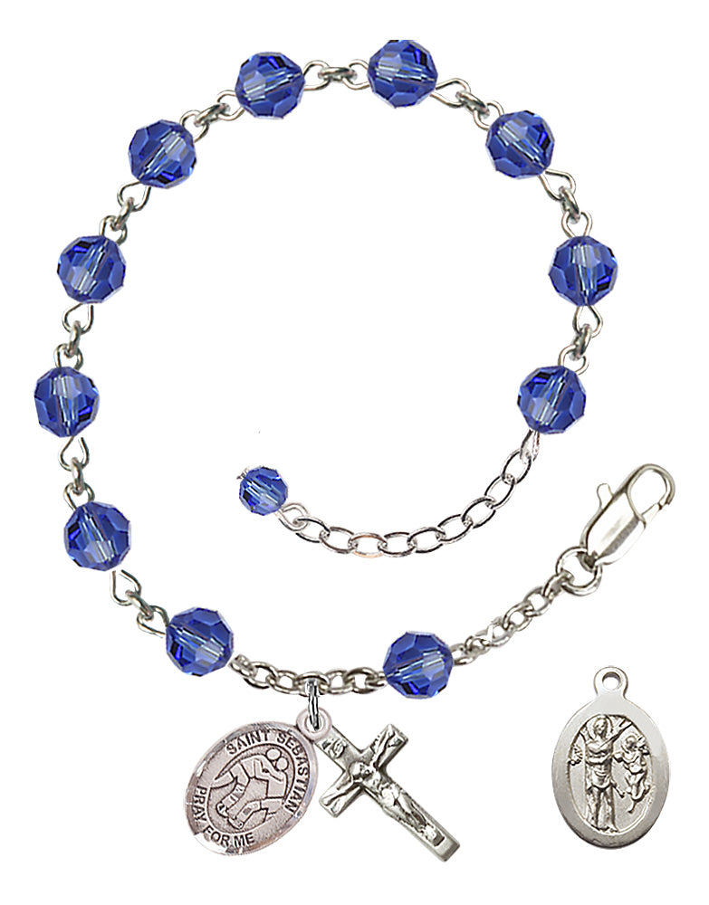 Saint Sebastian Wrestling Rosary Bracelet - Sterling Silver - September - Sapphire