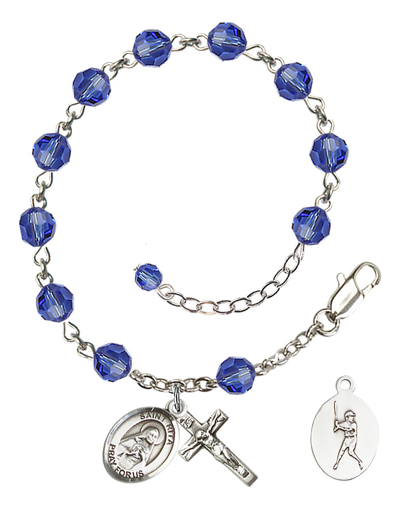Saint Rita Baseball Rosary Bracelet - Sterling Silver - September - Sapphire