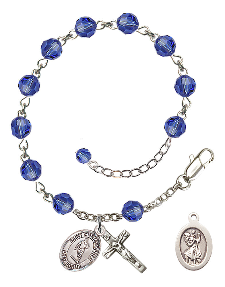 Saint Christopher Rugby Rosary Bracelet - Sterling Silver - September - Sapphire