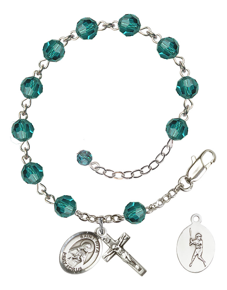Saint Rita Baseball Rosary Bracelet - Sterling Silver - December - Zircon