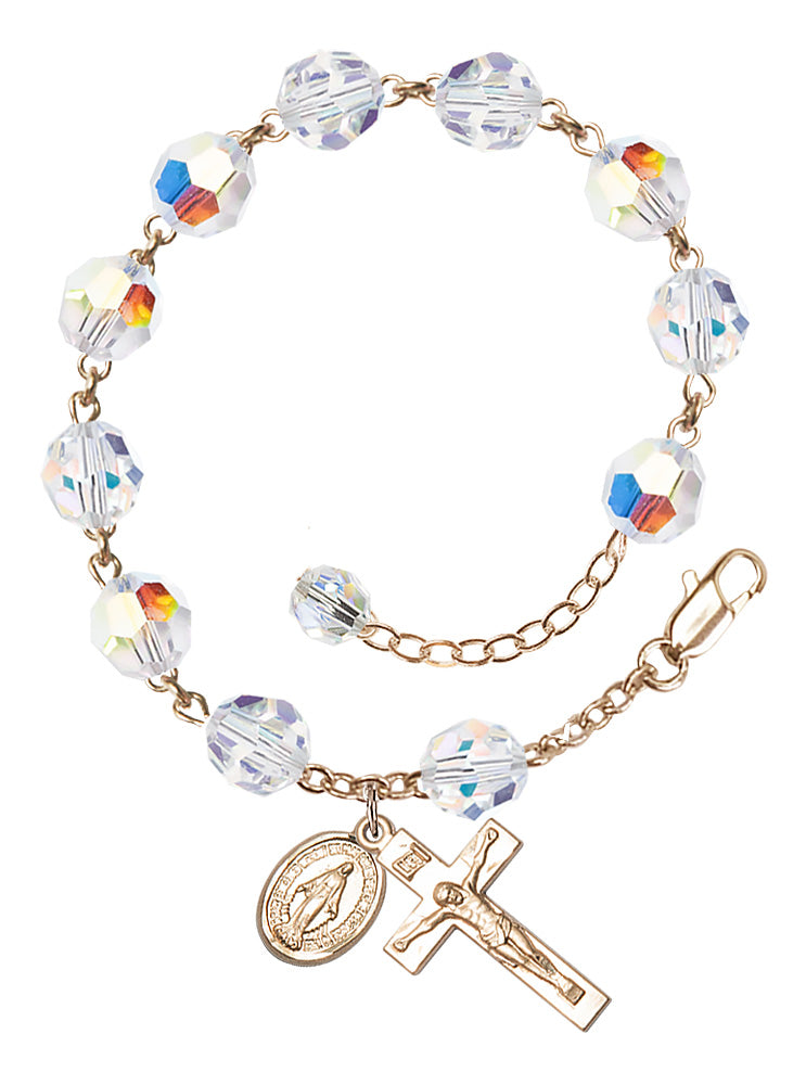 Miraculous Medal 8mm Crystal Rosary Bracelet - 14K Gold