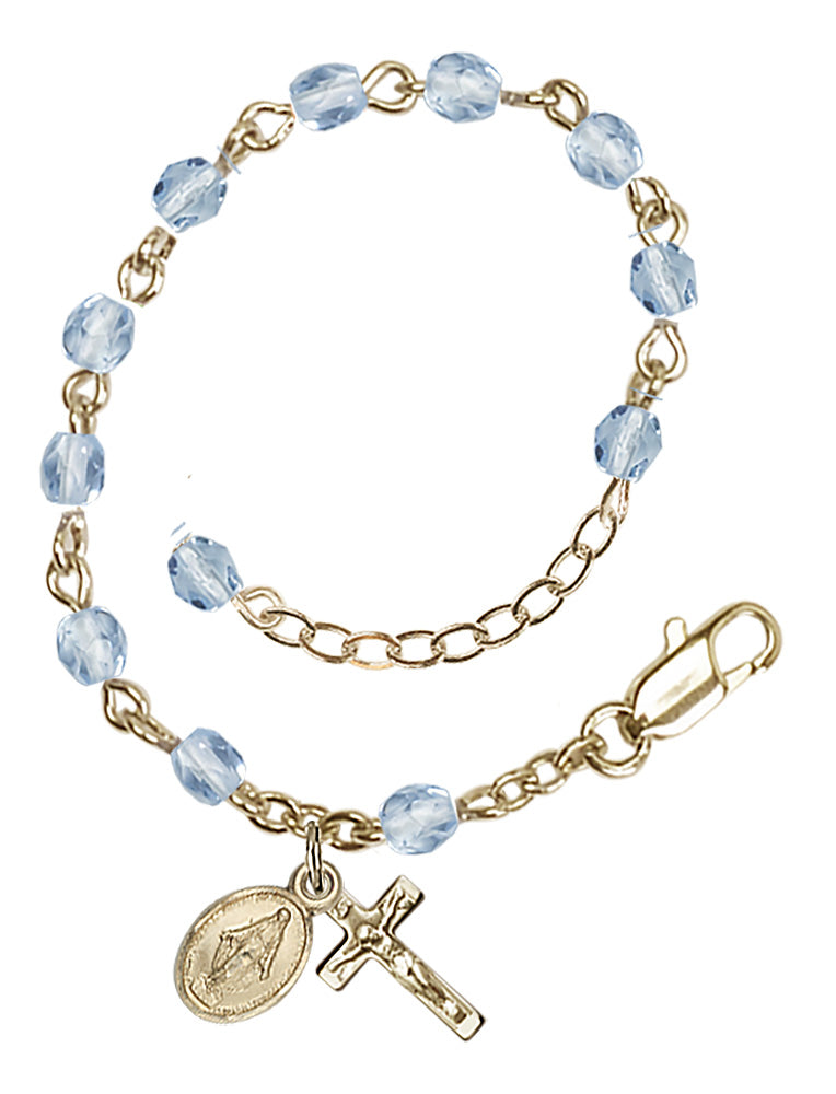 4mm Fire Polished Miraculous Infant Rosary Bracelet - Gold Plate - Light Sapphire