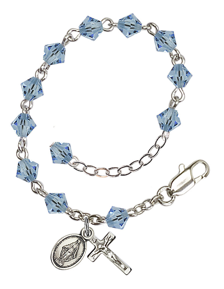 5mm Crystal Miraculous Infant Rosary Bracelet - Silver Plate - March - Aqua