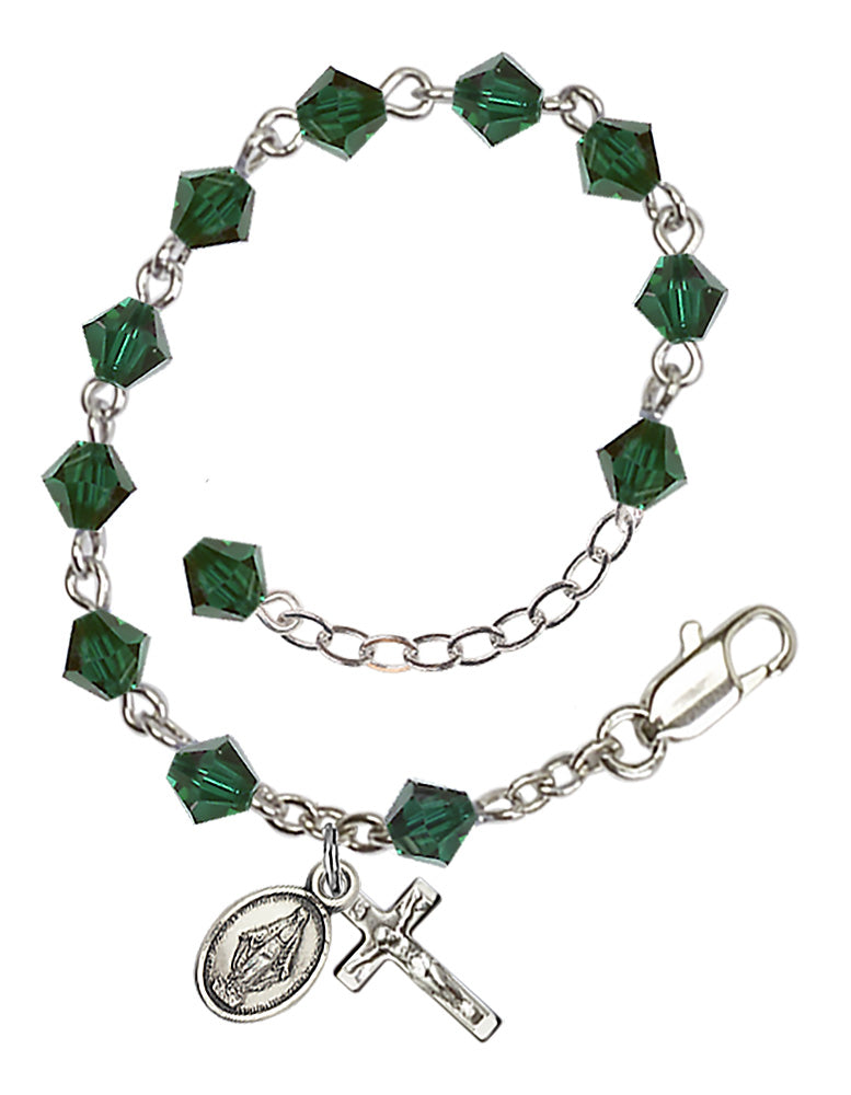 5mm Crystal Miraculous Infant Rosary Bracelet - Silver Plate - May - Emerald