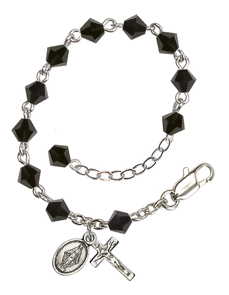 5mm Crystal Miraculous Infant Rosary Bracelet - Silver Plate - Jet