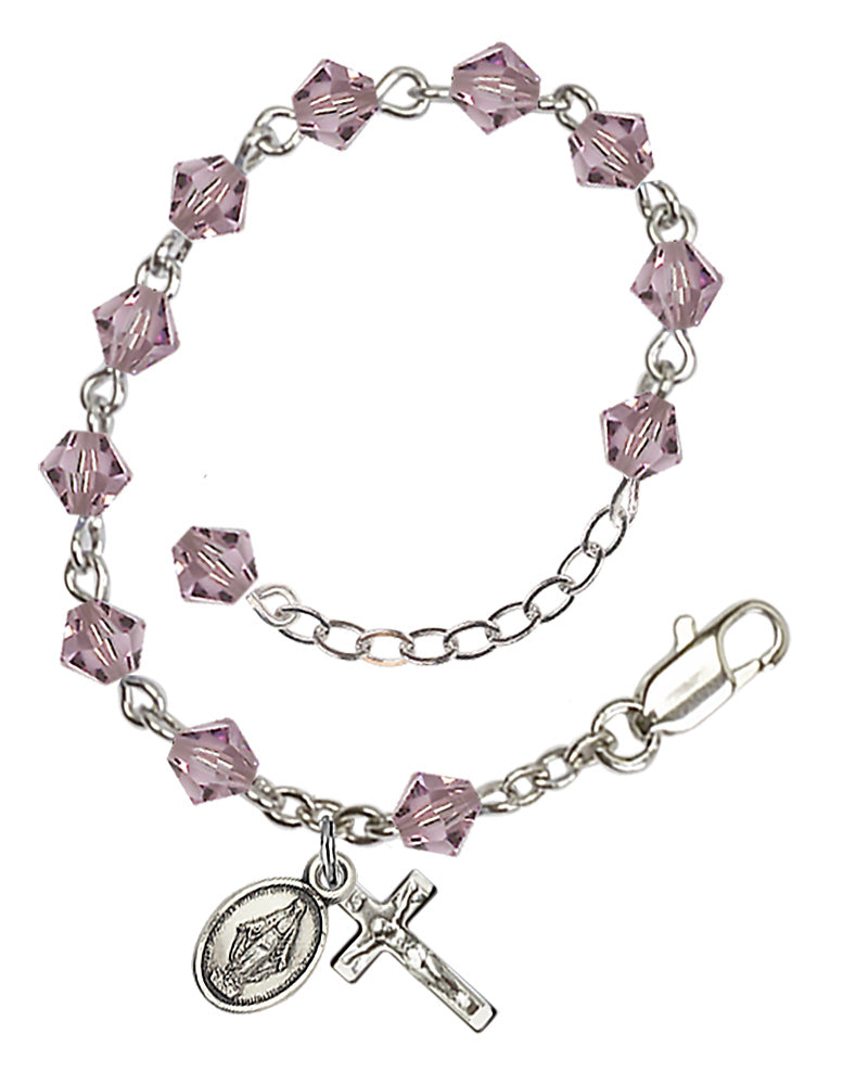 5mm Crystal Miraculous Infant Rosary Bracelet - Silver Plate - June - Light Amethyst