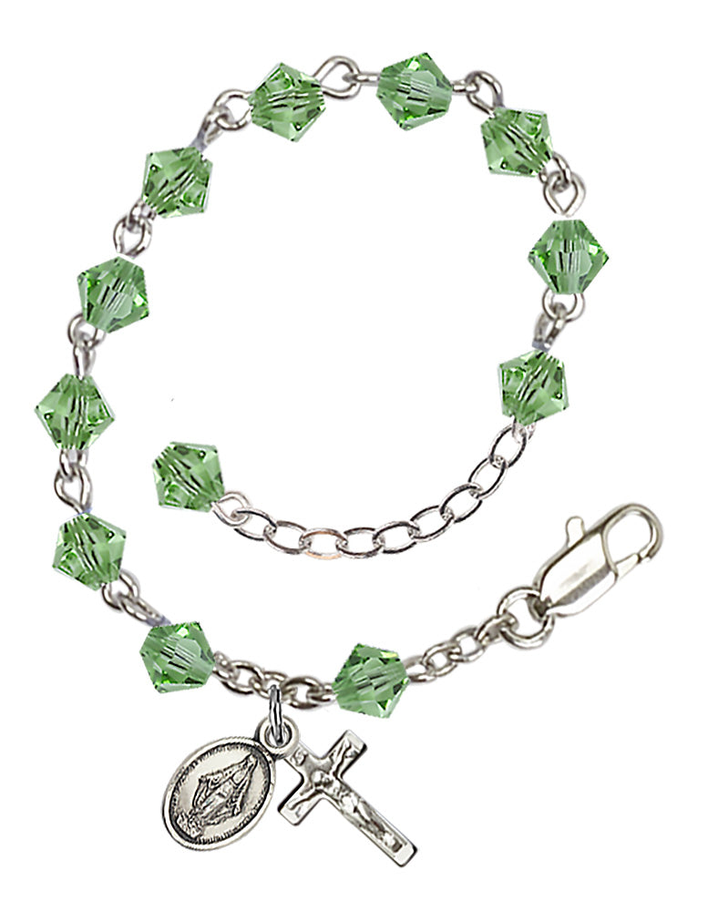 5mm Crystal Miraculous Infant Rosary Bracelet - Silver Plate - August - Peridot