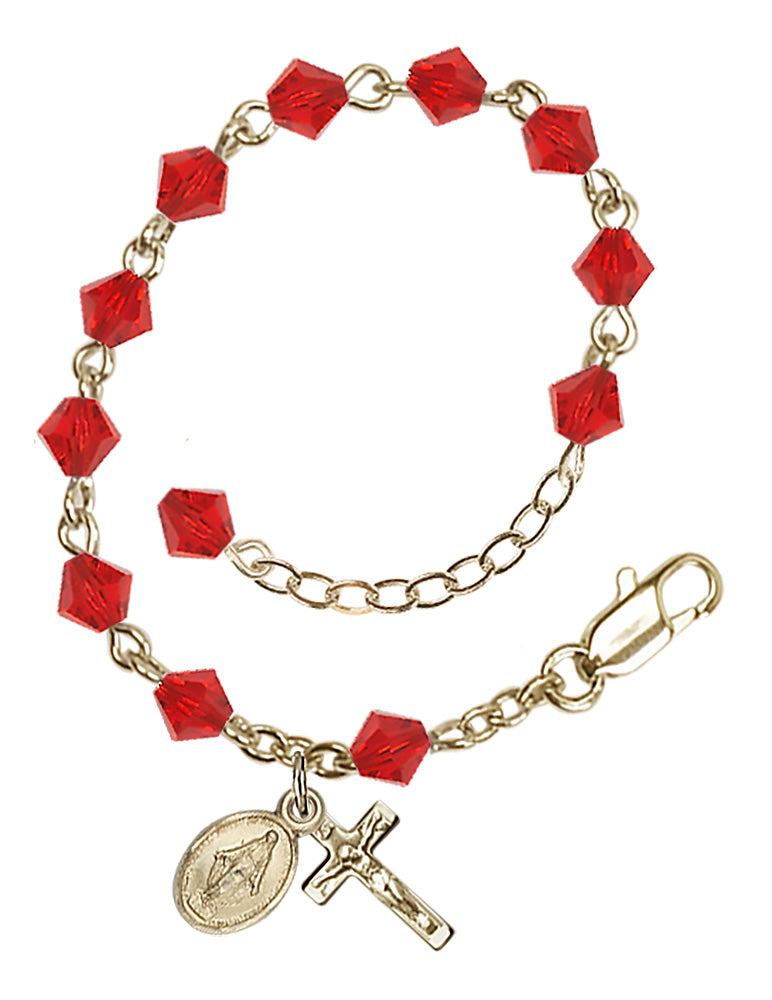 5mm Crystal Miraculous Infant Rosary Bracelet - Gold Plate - July - Ruby