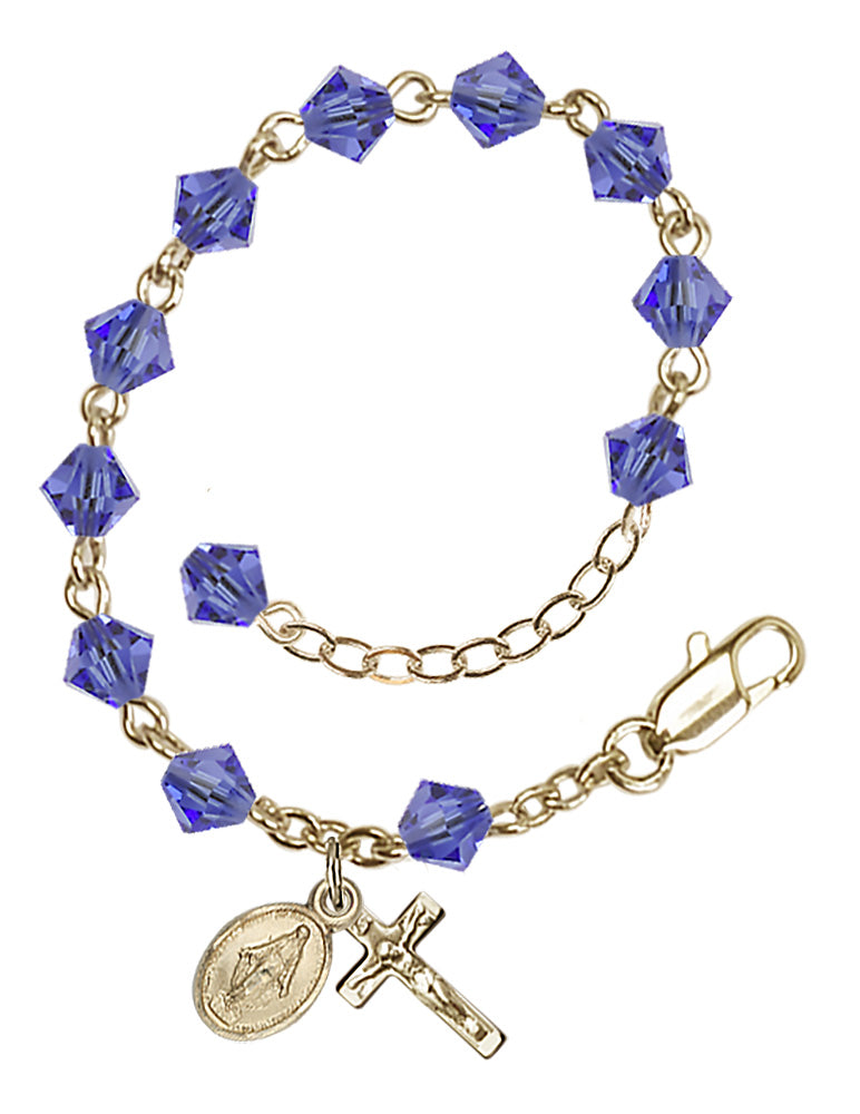5mm Crystal Miraculous Infant Rosary Bracelet - Gold Plate - September - Sapphire