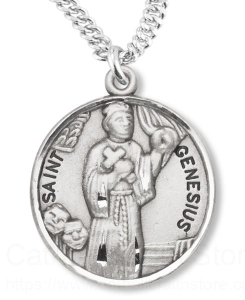 18-Inch Rhodium Plated Necklace with 4mm Jet Birthstone Beads and Sterling Silver Saint Genesius of Rome Charm. 