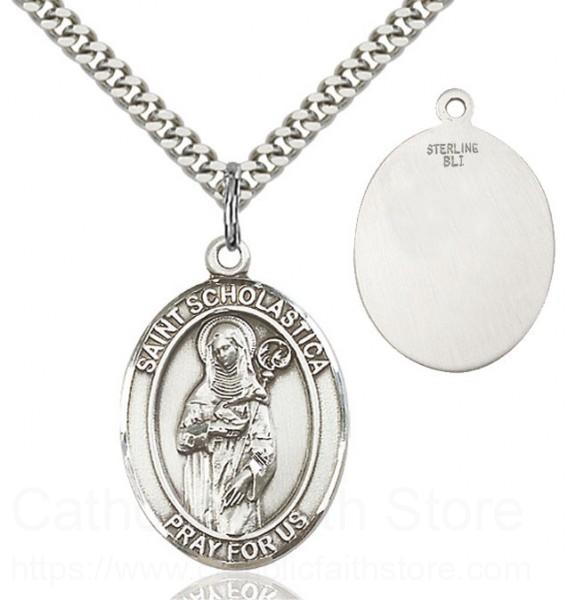 Sterling Silver St Scholastica Pendant with 18 Sterling Silver Lite Curb Chain Patron Saint of Nuns/Storms 