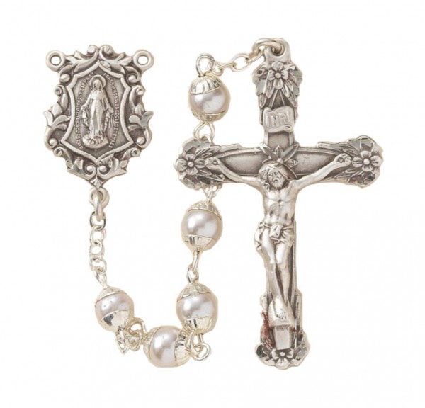 4mm Double Capped Pearl Bead Rosary in Sterling Silver - White