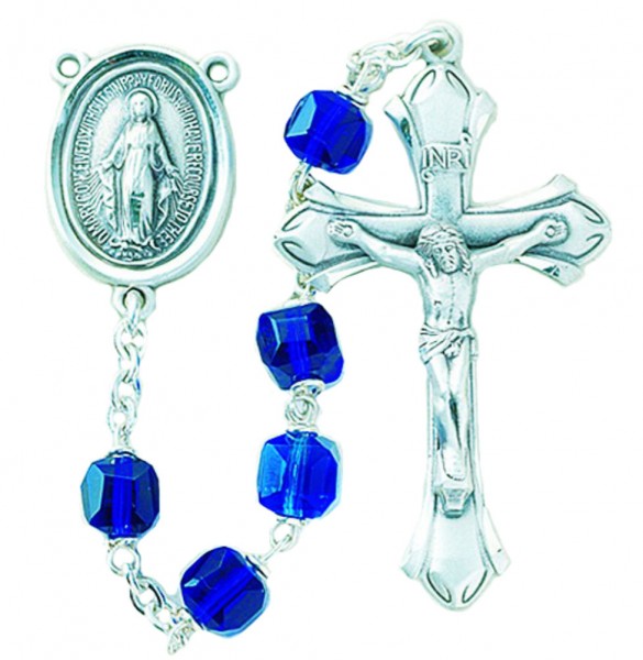 6mm Tin Cut Cobalt Blue Cube Crystal Bead Rosary in Sterling Silver - Blue