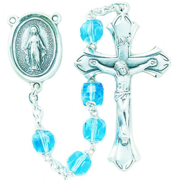 8mm Tin Cut Light Sapphire Cube Crystal Bead Rosary in Sterling Silver - Light Sapphire