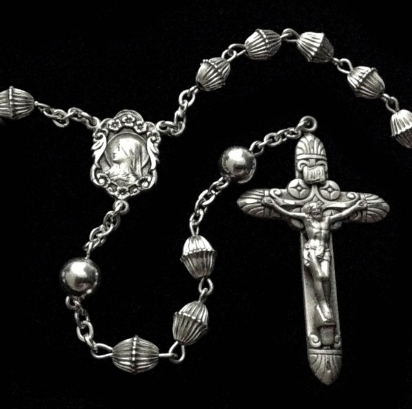 All Sterling 7mm Fluted Rosary with Immaculate Heart Centerpiece - Sterling Silver