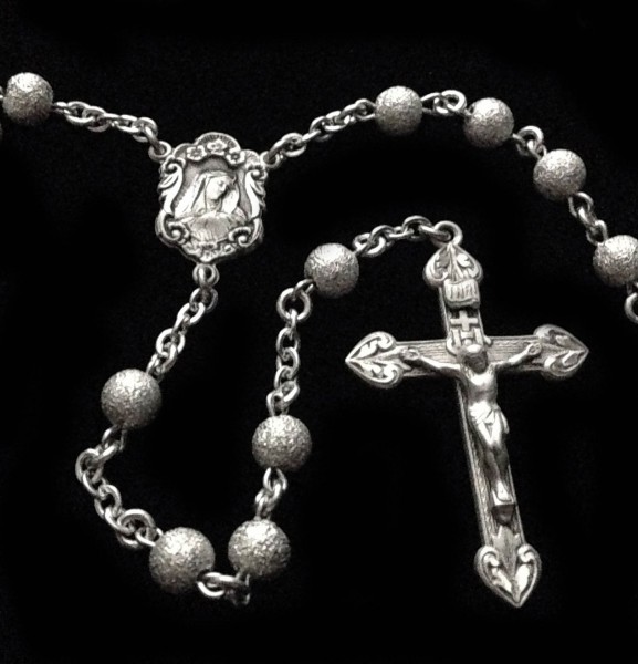 All Sterling Silver Glitter 5mm Rosary with Immaculate Heart Centerpiece - Sterling Silver