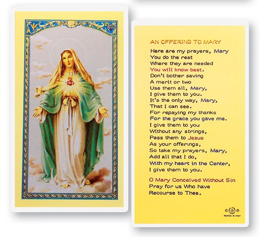 An Offering To Mary - Immaculate Heart of Mary Laminated Prayer Card - 1 Prayer Card .99 each