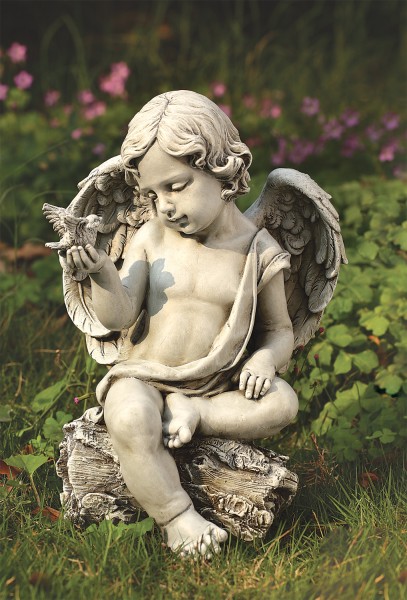 Angel Cherub with Dove Garden Statue - 12 inch - Stone Finish