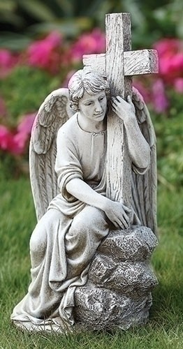 Angel with Cross Garden Statue - 13&quot;H - Stone Finish