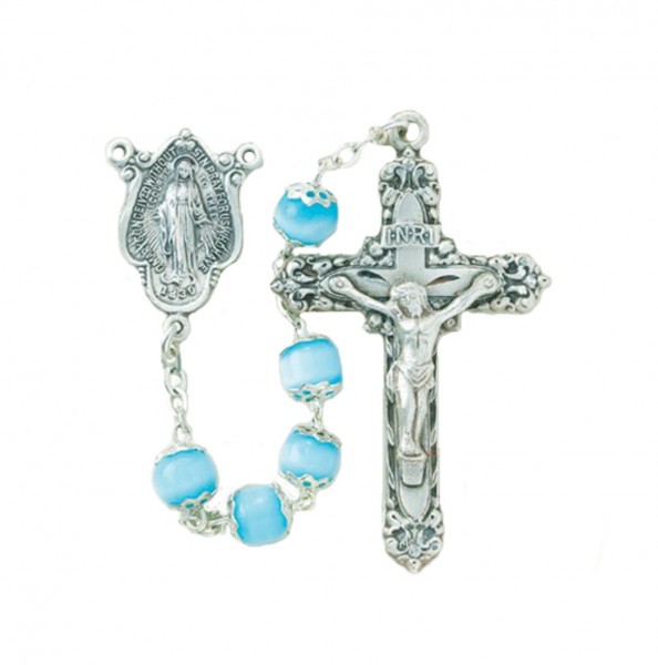 Aqua Glass Bead Rosary in Silver / Sterling Silver - Aqua