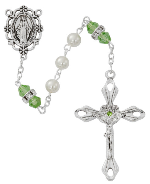 August Birthstone Rosary Peridot Pearl Glass - Peridot
