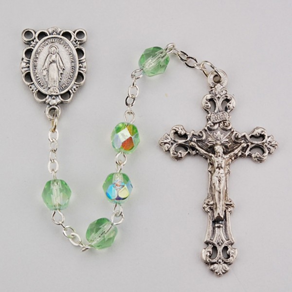 August Light Green Aurora Glass Bead Rosary - Green