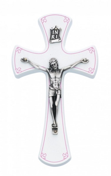  Baby Crucifix with Pink Trim - White | Silver