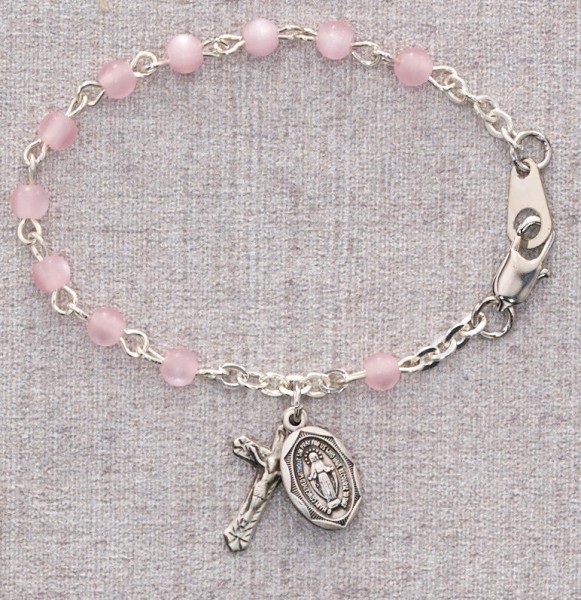Baby Rosary Bracelet with Pink Pearls - Pewter