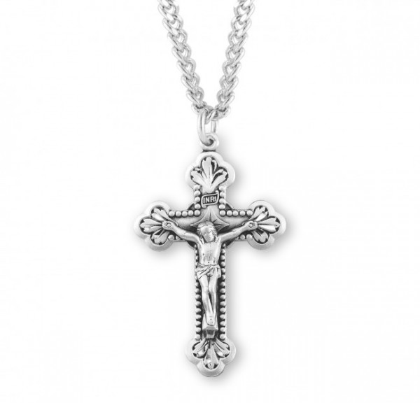 Beaded Edge Lily Tip Men's Crucifix Necklace - Sterling Silver